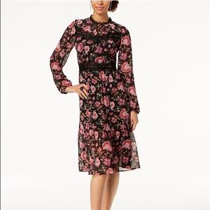 Lace Trim Floral Chiffon Midi Dress